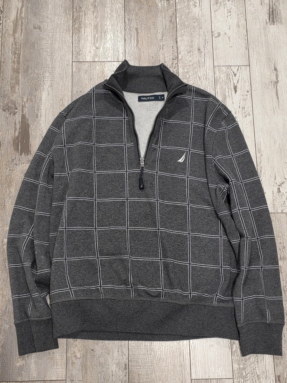 (M) Men's Nautica Quarter Zip Pullover Sweater Gray Grid Mock Neck Medium SOFT